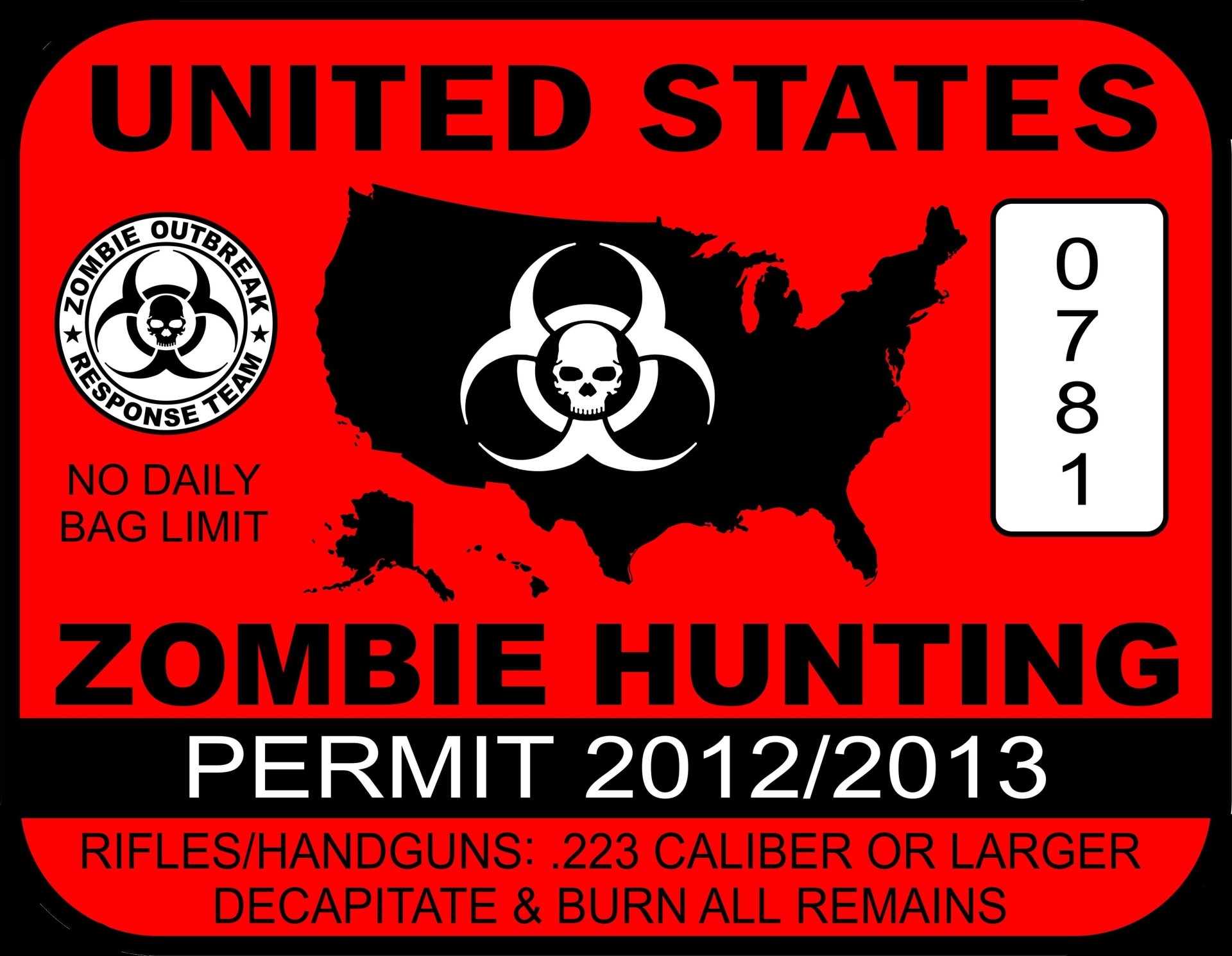 Dark zombie-themed 4K Ultra HD PC desktop wallpaper: red United States Zombie Hunting Permit 2012/2013 sign with US map, biohazard skull emblem, No Daily Bag Limit and permit number.