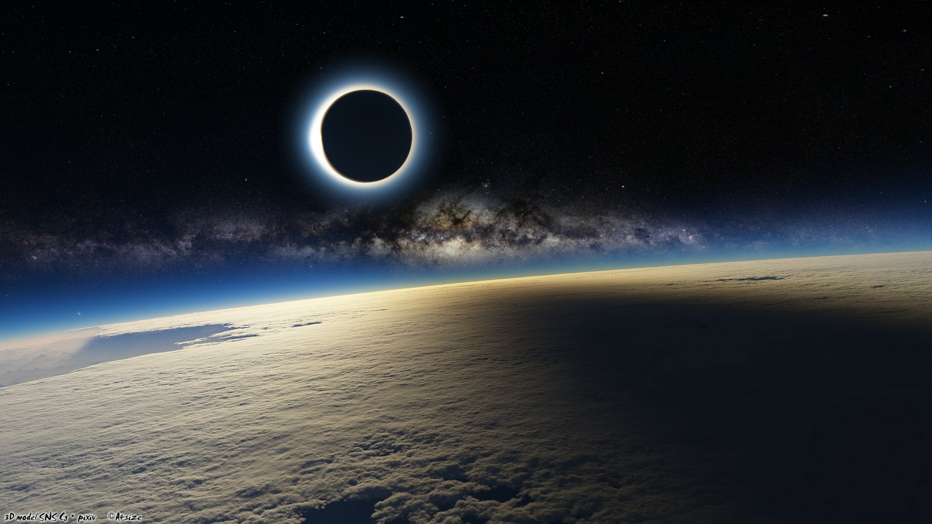 HD desktop wallpaper of a solar eclipse viewed from space, showcasing the Earth’s horizon with a glowing eclipse and starry background.