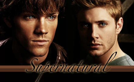 HD desktop wallpaper from the TV show Supernatural, featuring the main characters with intense expressions against a dark background.
