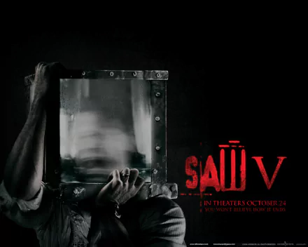 HD PC desktop wallpaper for the movie Saw V: shadowed figure presses blurred face and hands against a bolted glass trap, red SAW V logo at bottom right.