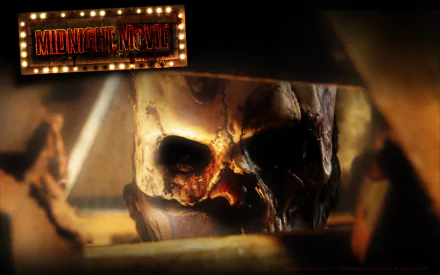HD desktop wallpaper featuring a dark, eerie skull with glowing eyes beneath a lit marquee sign that reads Midnight Movie, evoking a creepy movie atmosphere.