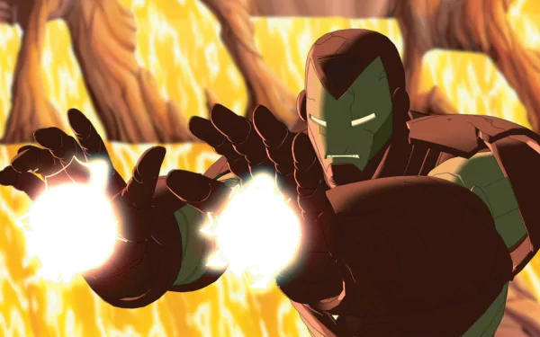 Comic-style Iron Man in action, firing repulsor blasts with a fiery background, rendered in vibrant colors for an 8K Ultra HD PC desktop wallpaper.
