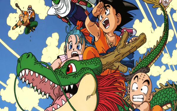 HD Dragon Ball Z desktop wallpaper featuring Goku, Bulma, and friends riding the dragon Shenron against a vibrant, comic-style background.