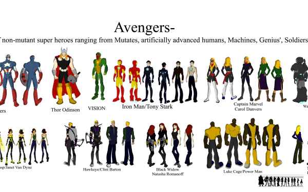 A vibrant 4K Ultra HD desktop wallpaper featuring various Avengers characters, showcasing non-mutant superheroes including Iron Man, Thor, and Black Widow in a dynamic comic style.