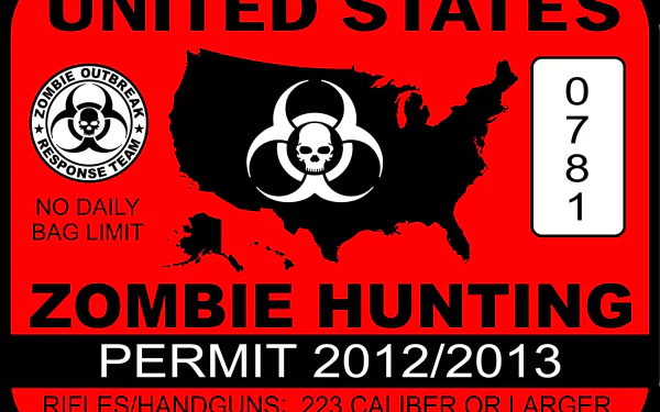 Dark zombie-themed 4K Ultra HD PC desktop wallpaper: red United States Zombie Hunting Permit 2012/2013 sign with US map, biohazard skull emblem, No Daily Bag Limit and permit number.