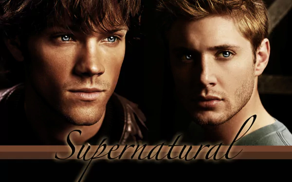 HD desktop wallpaper from the TV show Supernatural, featuring the main characters with intense expressions against a dark background.