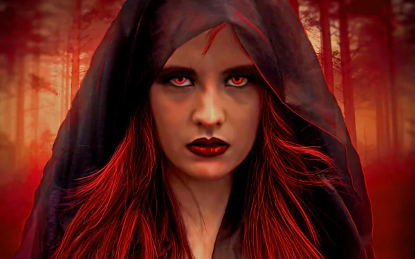 HD desktop wallpaper featuring a mysterious woman in a red hood with intense eyes, set against a dark, fantasy forest backdrop.