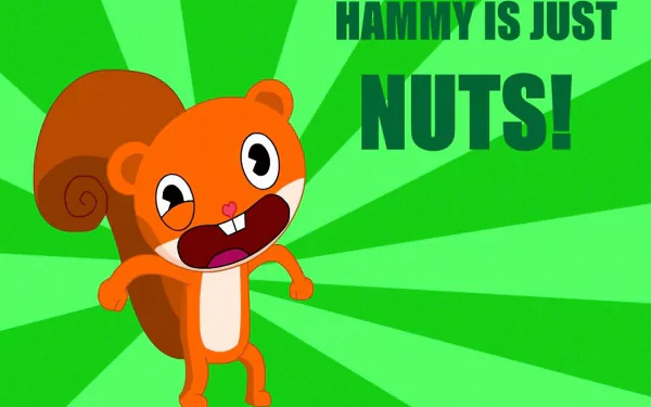 HD desktop wallpaper featuring Hammy, the squirrel character from the TV show Happy Tree Friends, with the text Hammy is just nuts! on a green burst background.