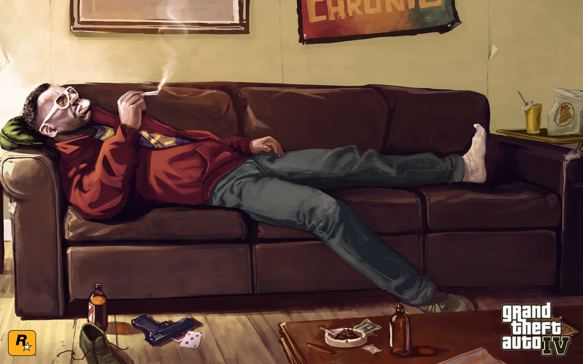 HD PC desktop wallpaper featuring a relaxed character smoking on a couch from the video game Grand Theft Auto IV, showcasing detailed art and atmosphere.