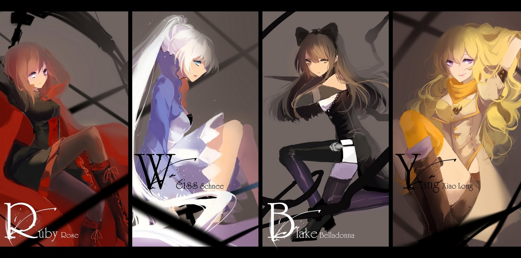 Anime-inspired HD wallpaper featuring Yang Xiao Long, Blake Belladonna, and other RWBY characters in striking black, white, and red tones, set against a dynamic background.