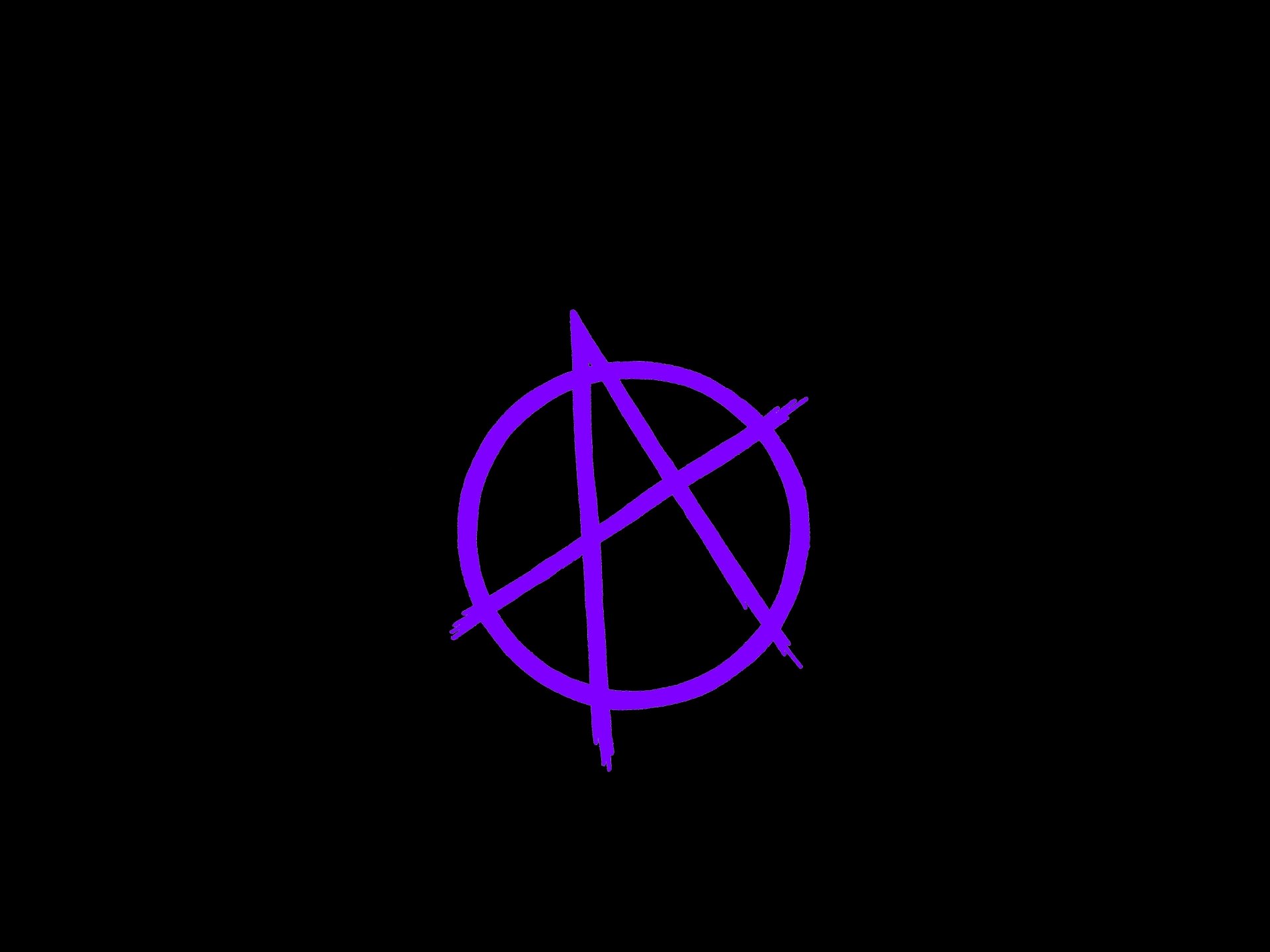 A vivid purple anarchy symbol set against a stark black background, rendered in 4K Ultra HD for a bold PC desktop wallpaper.