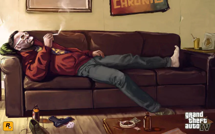 HD PC desktop wallpaper featuring a relaxed character smoking on a couch from the video game Grand Theft Auto IV, showcasing detailed art and atmosphere.