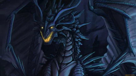 HD fantasy desktop wallpaper featuring a menacing black dragon with glowing yellow eyes and sharp teeth against a dark, shadowy background.