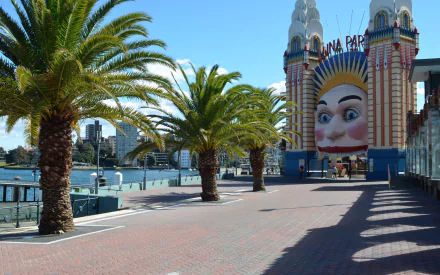 A sunny view of Luna Park in Sydney, Australia, featuring palm trees and the amusement park's iconic entrance, set against a clear blue sky and waterfront backdrop.