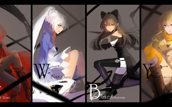 Anime-inspired HD wallpaper featuring Yang Xiao Long, Blake Belladonna, and other RWBY characters in striking black, white, and red tones, set against a dynamic background.