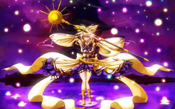4K Ultra HD anime wallpaper featuring Toyosatomimi no Miko from Touhou, depicted with glowing orbs and radiant golden attire against a vibrant purple background.