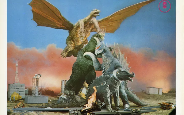 HD PC desktop wallpaper depicting a dramatic battle scene from the movie Godzilla vs. Gigan, featuring Godzilla and giant monsters under a vibrant sky.