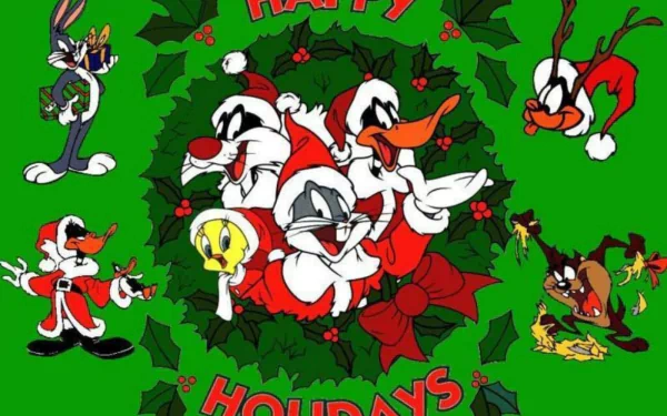 A vibrant HD wallpaper featuring Looney Tunes characters—Bugs Bunny, Daffy Duck, Sylvester, Tweety, Tasmanian Devil, and Road Runner—celebrating Christmas with festive decorations.