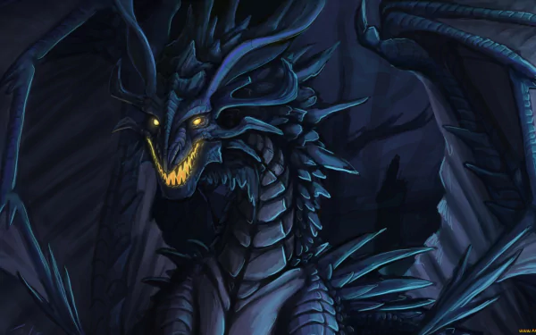 HD fantasy desktop wallpaper featuring a menacing black dragon with glowing yellow eyes and sharp teeth against a dark, shadowy background.