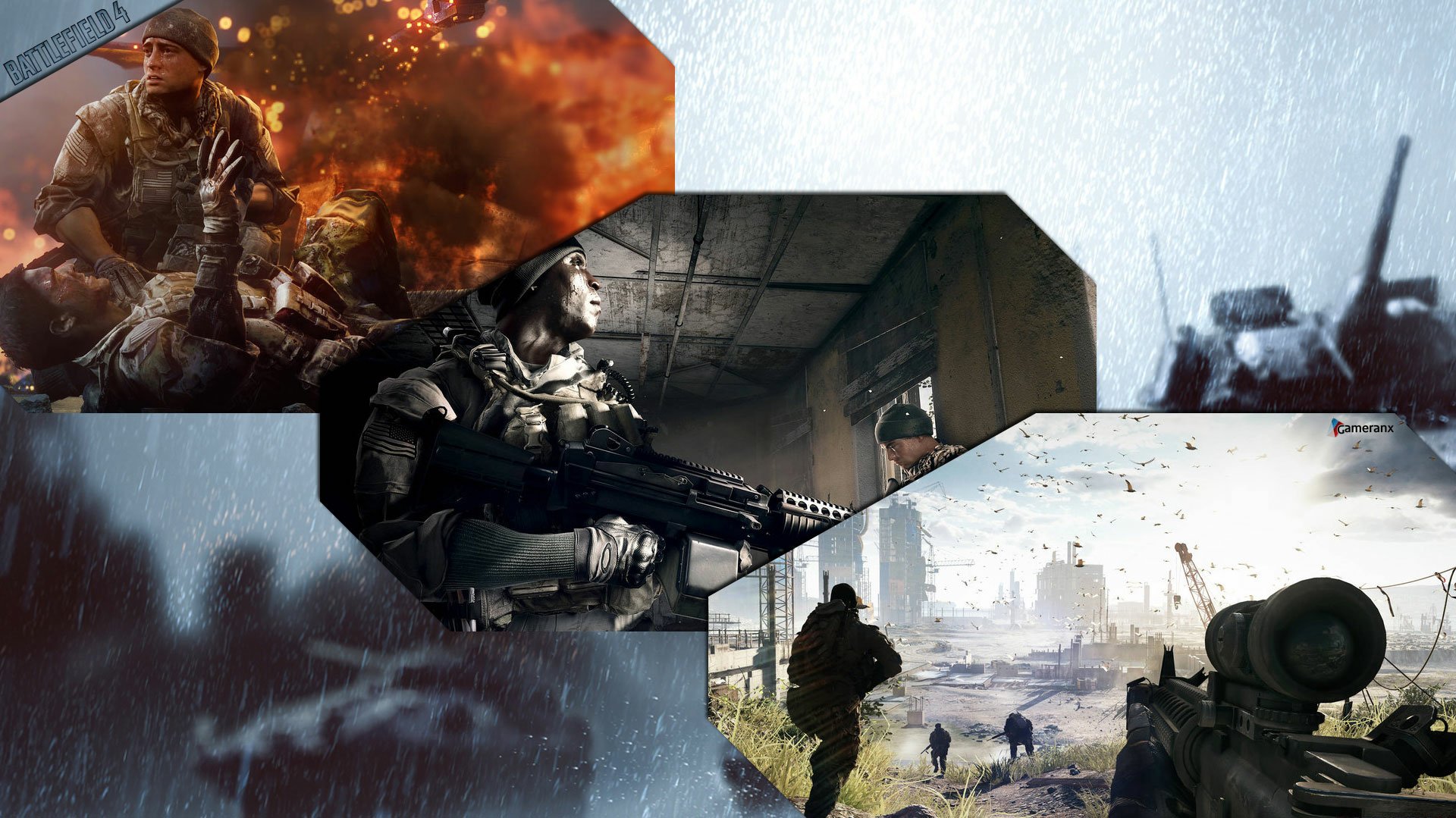 HD PC desktop wallpaper of Battlefield 4: collage of soldiers in urban combat, a sniper view, fiery explosions and snowy, war-torn landscapes.