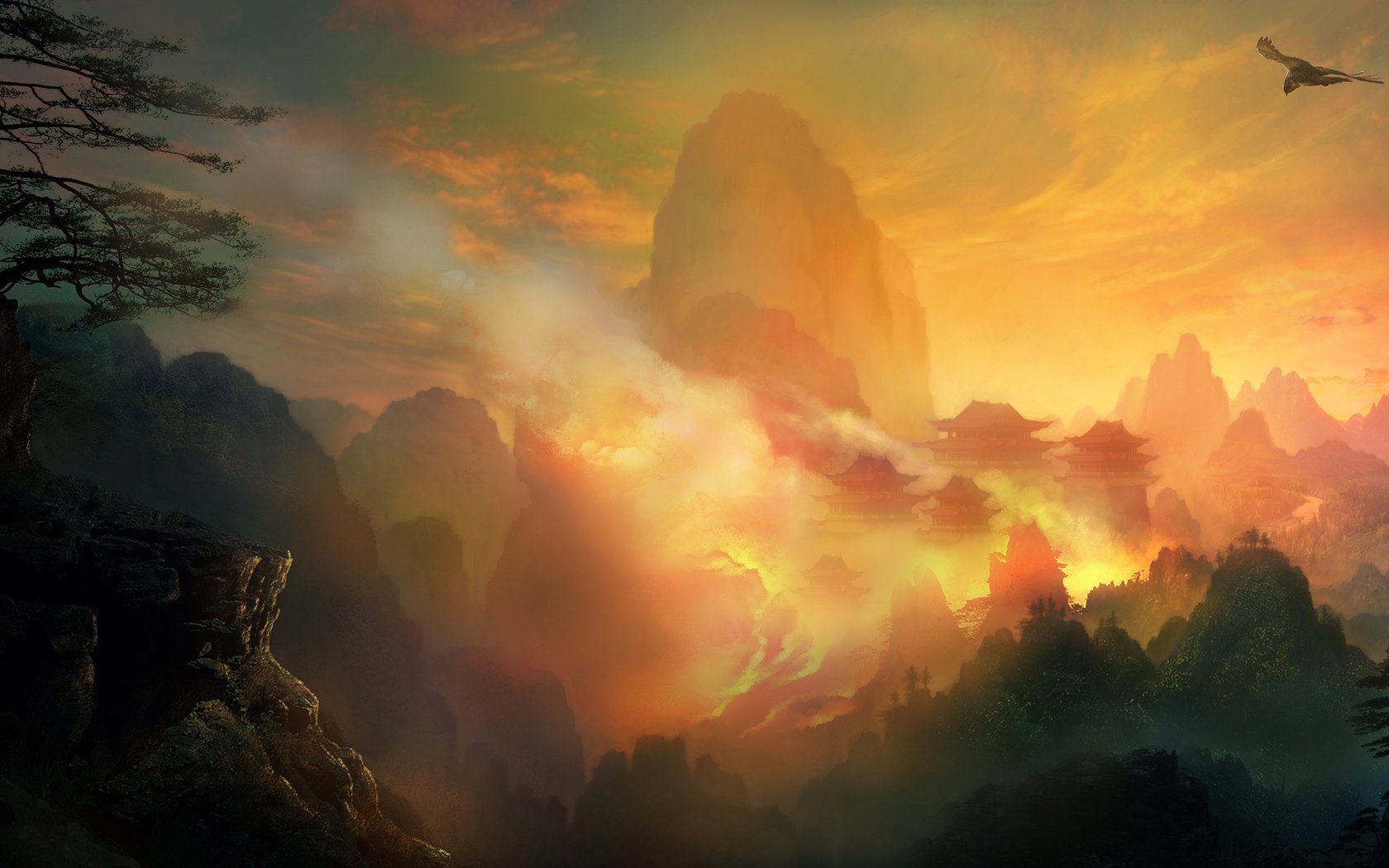 A breathtaking fantasy landscape featuring majestic mountains illuminated by a vibrant sunset, creating a captivating HD desktop wallpaper and background.