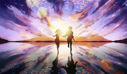 Anime characters Shota Kazehaya and Sawako Kuronuma running hand in hand at sunset over a reflective surface, from Kimi Ni Todoke. HD wallpaper showcasing a colorful sky and tranquil scene.
