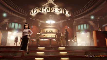 HD PC desktop wallpaper featuring a scene from the video game BioShock Infinite: Burial at Sea, showcasing a dimly lit bar with characters in 1940s attire.