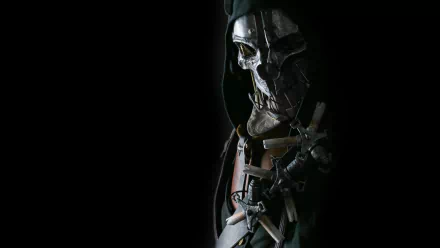 A striking HD wallpaper featuring Corvo Attano from the video game Dishonored, showcasing his signature mask and intricate details against a dark background.