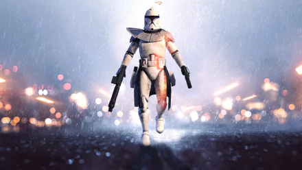A clone trooper soldier from Star Wars Battlefront (2015) strides confidently through rain, wielding dual blasters, set against a blurred, colorful sci-fi backdrop.