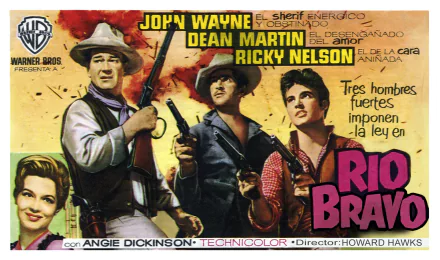 HD PC desktop wallpaper featuring the classic movie Rio Bravo with John Wayne, Dean Martin, Ricky Nelson, and Angie Dickinson in a vibrant, vintage Western poster design.