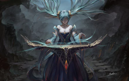 HD desktop wallpaper featuring Sona from League of Legends, depicted with ethereal wings and a magical instrument in a mystical setting.