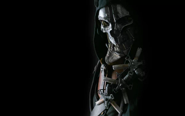 A striking HD wallpaper featuring Corvo Attano from the video game Dishonored, showcasing his signature mask and intricate details against a dark background.