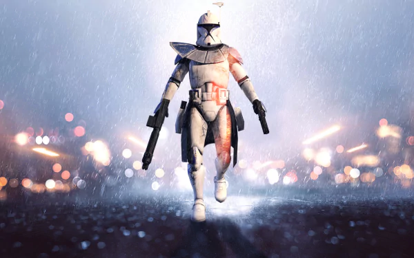A clone trooper soldier from Star Wars Battlefront (2015) strides confidently through rain, wielding dual blasters, set against a blurred, colorful sci-fi backdrop.