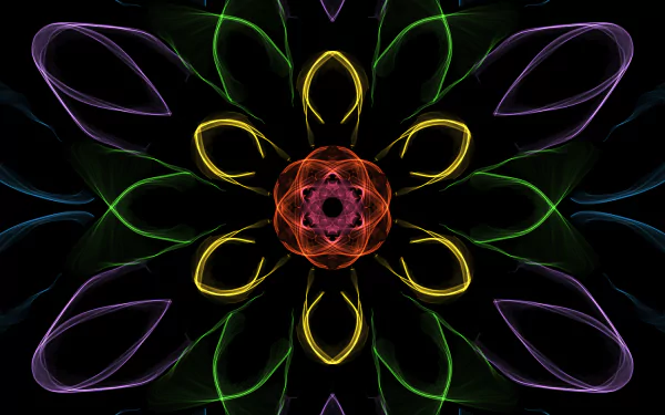 Abstract generative design with vibrant neon lines forming a symmetrical floral pattern, created as an HD PC desktop wallpaper and background.