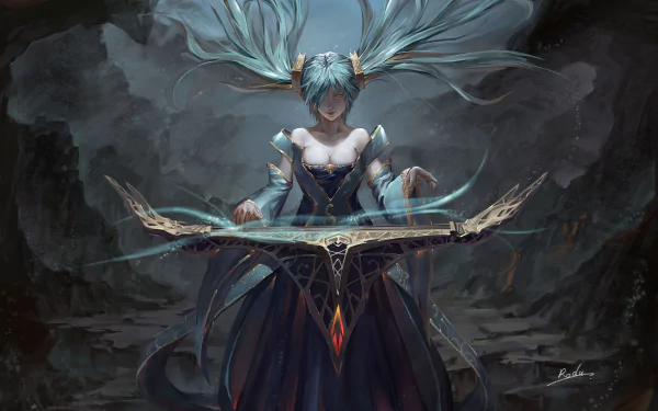 HD desktop wallpaper featuring Sona from League of Legends, depicted with ethereal wings and a magical instrument in a mystical setting.