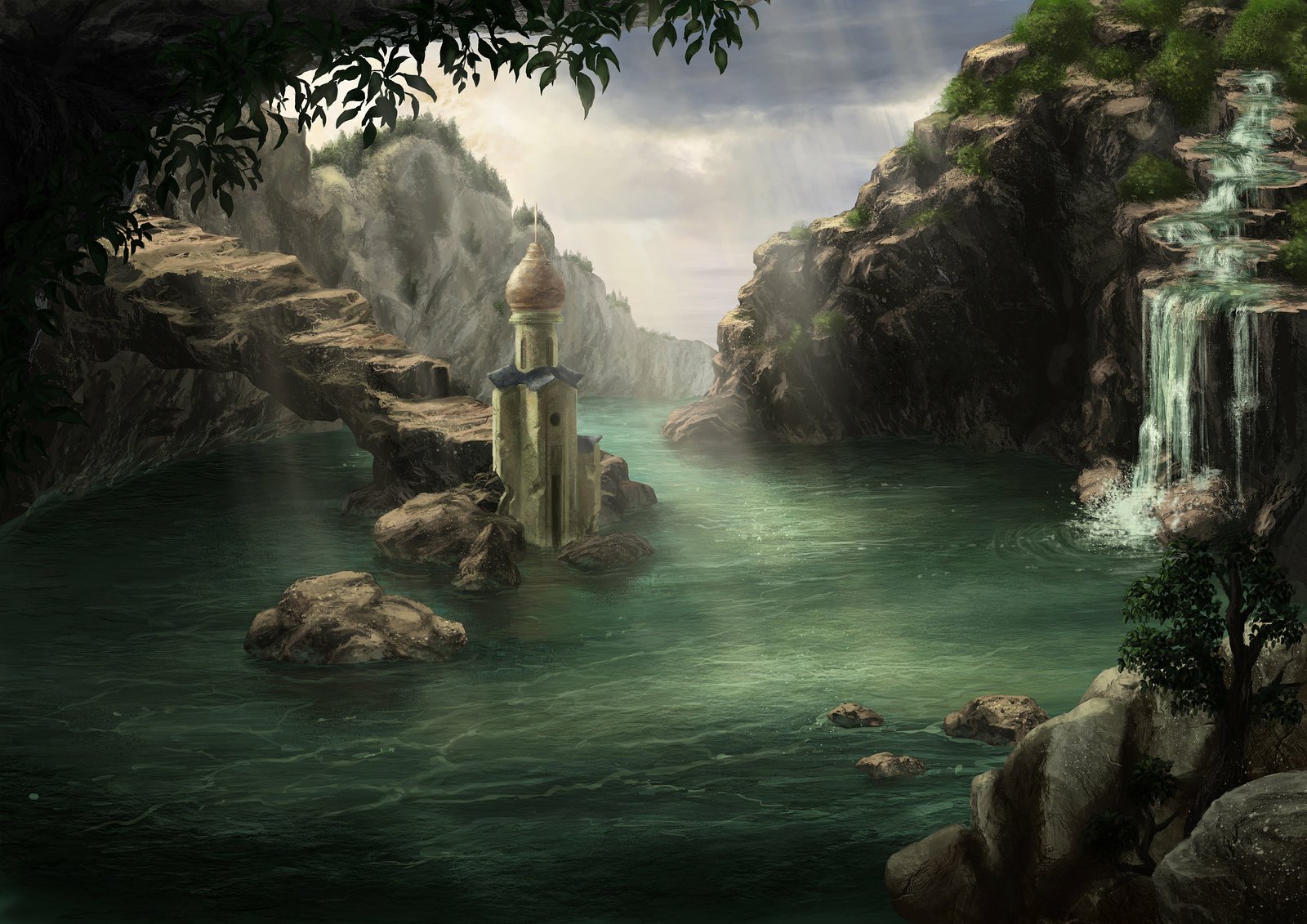 A HD PC desktop wallpaper of a fantasy landscape featuring a serene river flowing between rocky cliffs, with a mystical tower and cascading waterfalls.