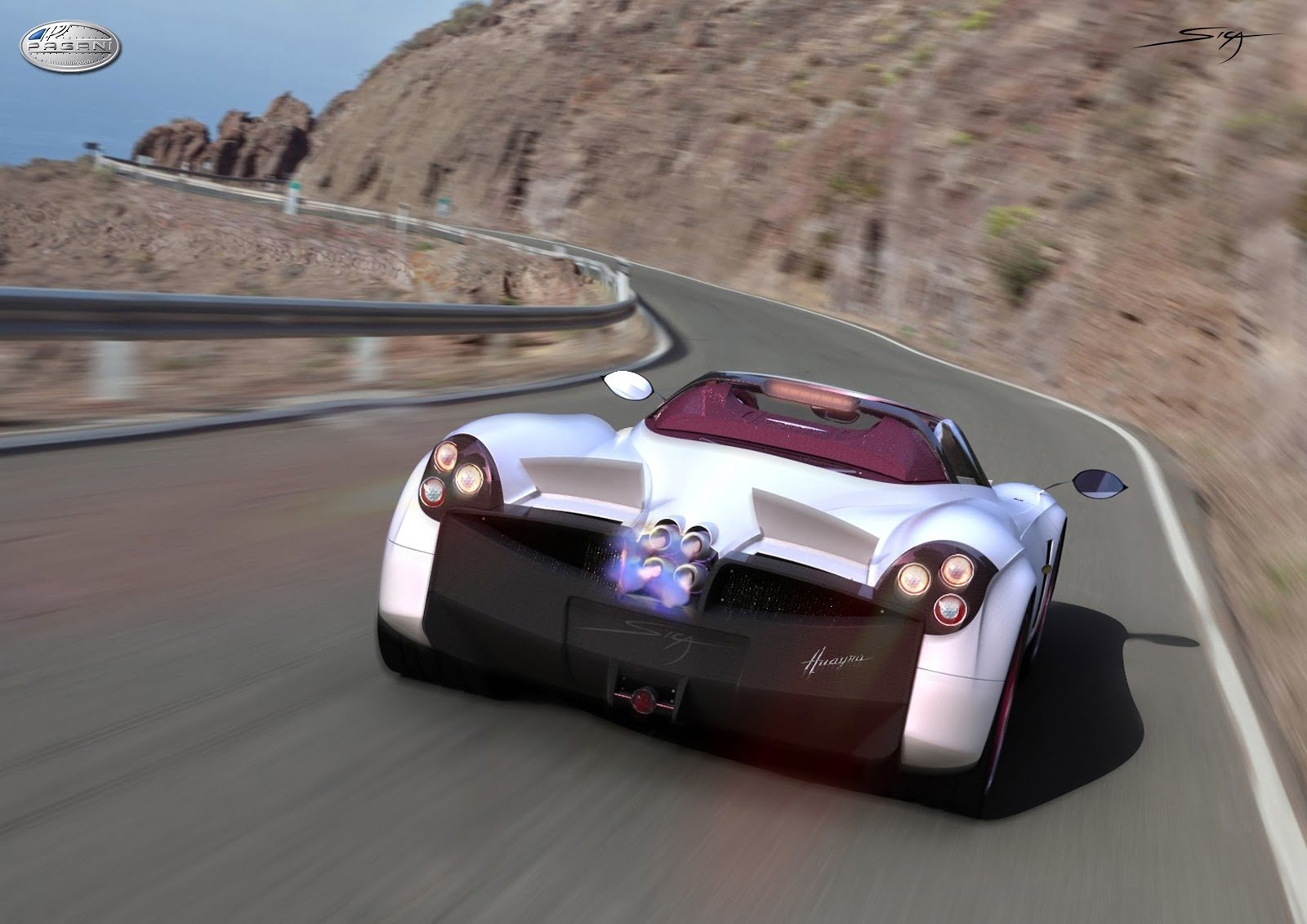 HD PC desktop wallpaper featuring a white Pagani Huayra driving on a winding mountain road, capturing dynamic motion and sleek vehicle design.
