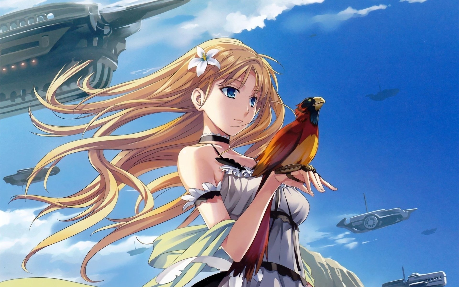 An ethereal anime character with long flowing hair holds a colorful bird against a vibrant sky, featuring futuristic ships in the background. HD PC desktop wallpaper and background.