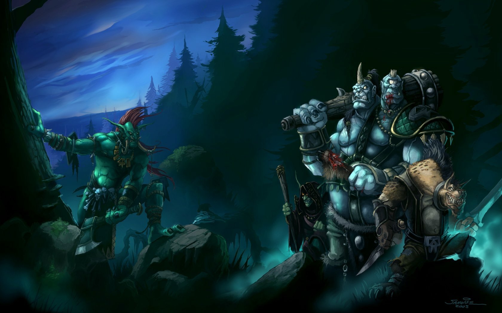 HD World of Warcraft desktop wallpaper featuring two Warcraft orc characters in a dark forest setting under a night sky.