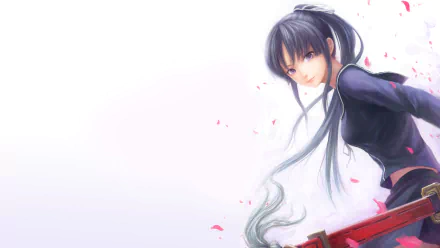 HD PC desktop wallpaper featuring Yomi Isayama from the anime Ga-Rei: Zero, depicted with long dark hair and a flowing outfit against a light background with pink petals.