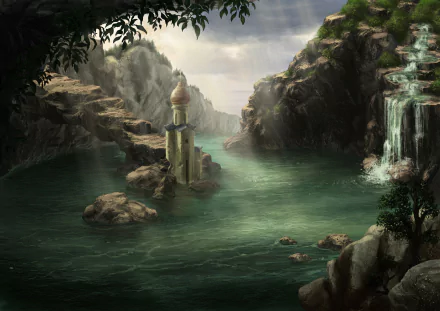 A HD PC desktop wallpaper of a fantasy landscape featuring a serene river flowing between rocky cliffs, with a mystical tower and cascading waterfalls.