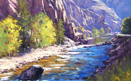 Artistic HD desktop wallpaper depicting a vibrant landscape with a river flowing through a tree-lined gorge and rocky terrain.