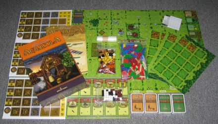 HD desktop wallpaper featuring the board game Agricola, with its components and colorful board fully displayed.