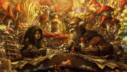Dragons Crown video game 2K Quad HD PC desktop wallpaper: hooded girl and bearded dwarf share food amid giant glowing mushrooms and fungi in a warm, intricately detailed fantasy cavern.