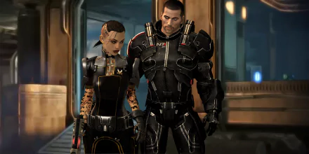 HD PC desktop wallpaper featuring Jack and Commander Shepard from the Mass Effect video game series in a detailed sci-fi interior setting.
