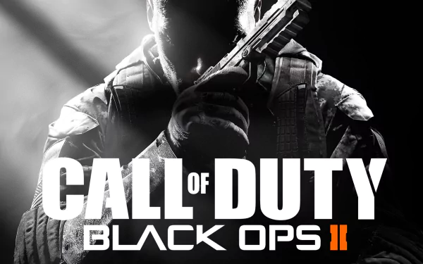 HD desktop wallpaper for the video game Call of Duty: Black Ops II, featuring a soldier holding a firearm in shadows with the game title prominently displayed.