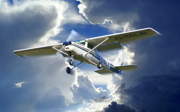 HD PC desktop wallpaper featuring a Cessna aircraft flying through dramatic, partly cloudy skies.