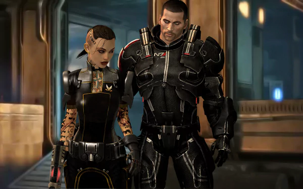 HD PC desktop wallpaper featuring Jack and Commander Shepard from the Mass Effect video game series in a detailed sci-fi interior setting.