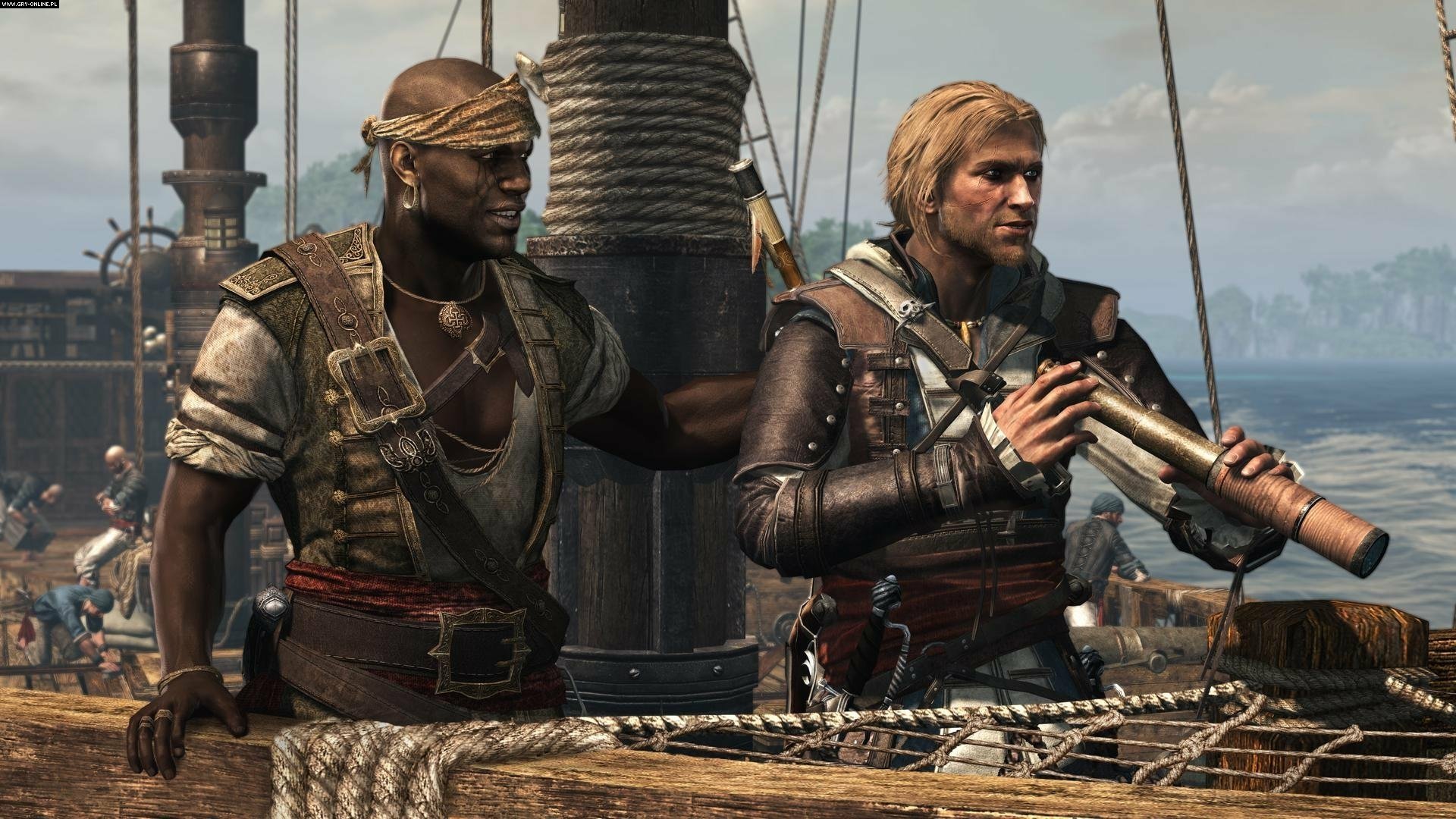HD PC desktop wallpaper from Assassin's Creed IV: Black Flag showing two seafaring characters on a ship's deck, one peering through a spyglass.