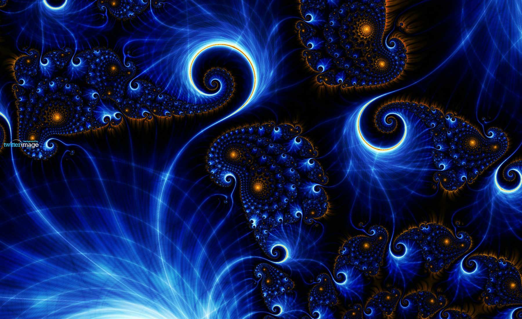 Vibrant psychedelic fractal design in deep blues and bright accents, creating an abstract, trippy pattern for an HD PC desktop wallpaper and background.